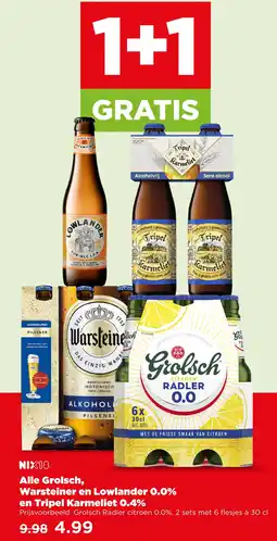 PLUS Alle grolsch, warsteiner en lowlander 0.0% en tripel karmeliet 0.4% aanbieding