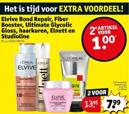 Kruidvat Elvive Bond Repair, Fiber Booster, Ultimate Glycolic Gloss, haarkuren, Elnett en Studioline aanbieding