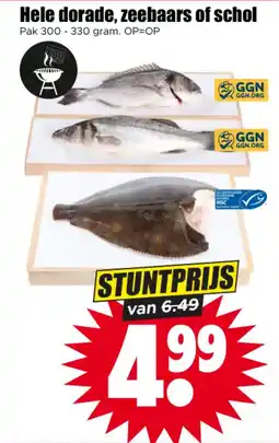 Dirk Hele dorade, zeebaars of schol aanbieding