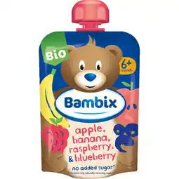 Jumbo Bambix Knijpzakje Appel, Banaan, Framboos & Blauwe Bes Bio 6M+ 100g aanbieding