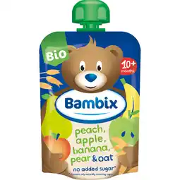 Jumbo Bambix Knijpzakje Appel, Perzik, Banaan, Peer & Haver Bio 10M+ 100g aanbieding