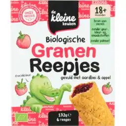 Jumbo De Kleine Keuken Biologische Granen Reepjes Gevuld met Aardbei & Appel 18+ Maanden 6 Stuks 132 g aanbieding