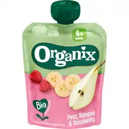 Jumbo Organix Knijpfruit Peer, Banaan & Framboos 4+m 90g aanbieding