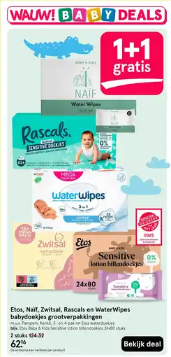 Etos Etos, naïf, zwitsal, rascals en waterwipes babydoekjes grootverpakkingen aanbieding