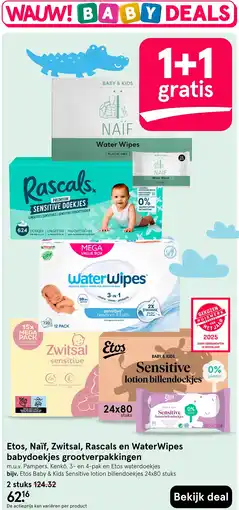 Etos Etos, Naïf, Zwitsal, Rascals en WaterWipes babydoekjes grootverpakkingen aanbieding