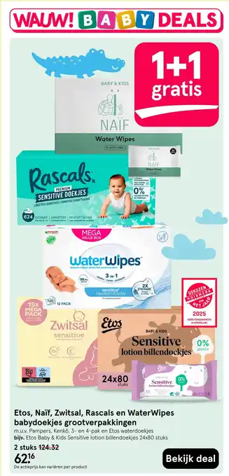 Etos Etos, naïf, zwitsal, rascals en waterwipes babydoekjes grootverpakkingen aanbieding