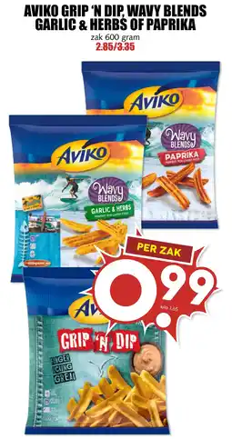 De Boerenschuur Aviko grip 'n dip, wavy blends garlic & herbs of paprika aanbieding