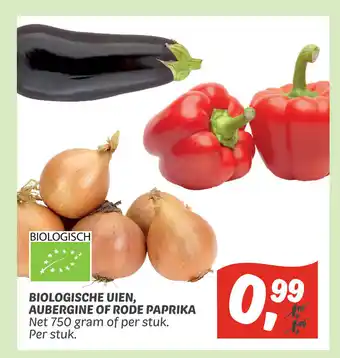 Dekamarkt Biologische uien, aubergine of rode paprika 750 gram per stuk aanbieding