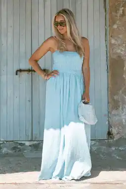 Wehkamp Bolina Island strapless maxi jurk met smockwerk - lichtblauw aanbieding