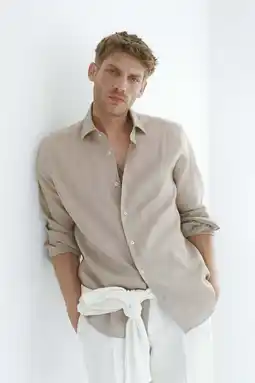 Wehkamp Mango Man linnen slim fit overhemd - pastelbruin aanbieding