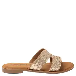 Wehkamp Lazamani Puck leren slippers met gevlochten goud aanbieding