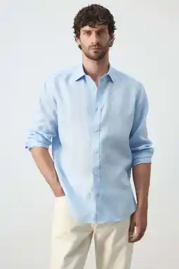 Wehkamp Mango Man linnen regular fit overhemd - lichtblauw aanbieding
