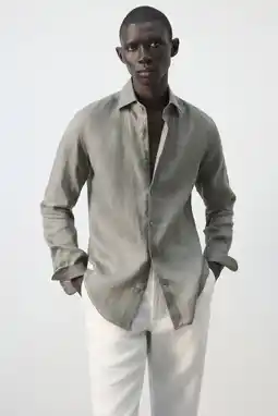 Wehkamp Mango Man linnen slim fit overhemd - middenbruin aanbieding