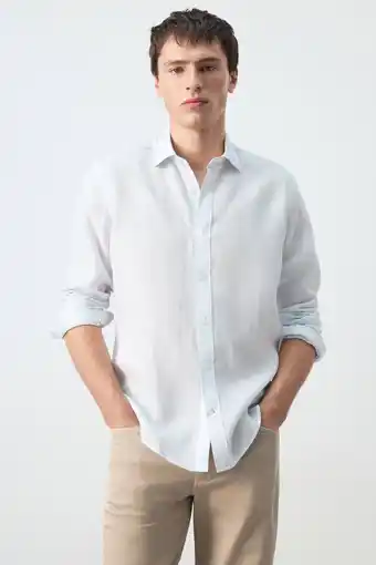 Wehkamp Mango Man regular casual overhemd met linnen lichtblauw aanbieding