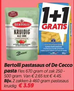Dekamarkt Bertolli pastasaus of De Cecco pasta aanbieding