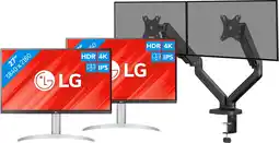 Coolblue LG 27UP83AK-W Duo Pack + BlueBuilt Monitorarm Mechanische Veer voor 2 Monitoren aanbieding