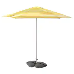 IKEA HÖgÖn / iggÖn Parasol met voet, ecru heldergeel/gestreept donkergrijs, 270 cm aanbieding