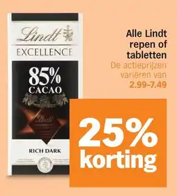 Albert Heijn Alle Lindt Repen of Tabletten aanbieding