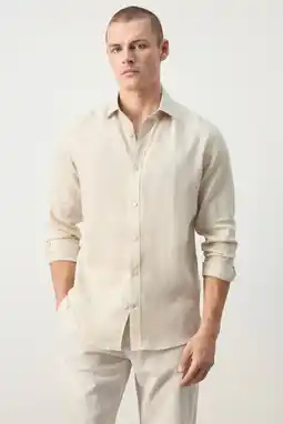 Wehkamp Mango Man linnen regular fit overhemd - pastelbruin aanbieding