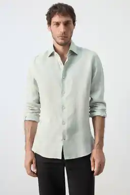 Wehkamp Mango Man linnen slim fit overhemd - turkoois aanbieding