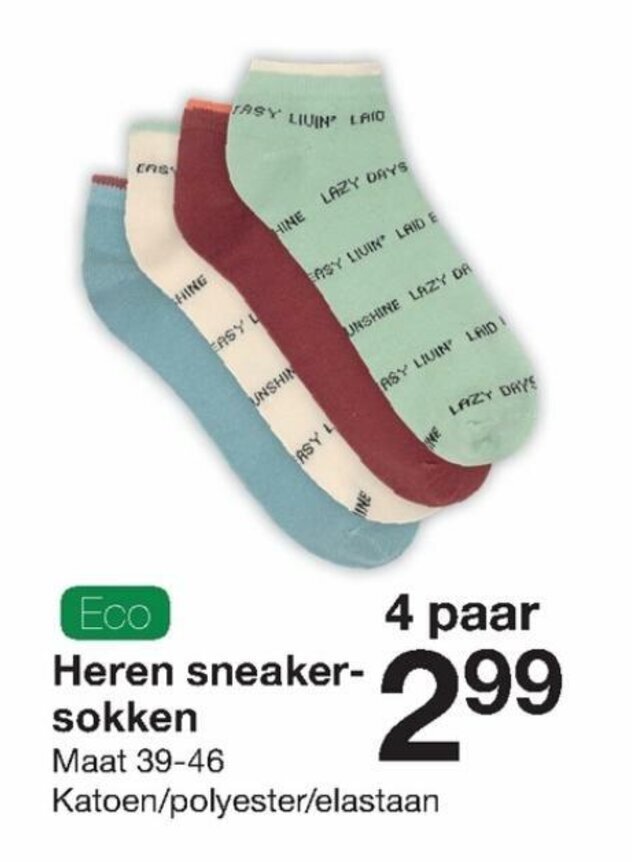 Eco Heren sneakersokken maat 39-46 4 paar aanbieding bij Zeeman