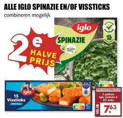 De Boerenschuur iglo spinazie en/of vissticks aanbieding