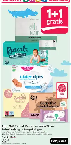 Etos Etos, Naïf, Zwitsal, Rascals en WaterWipes babydoekjes grootverpakkingen aanbieding