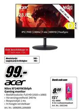 MediaMarkt Acer nitro xf240yw3biiph gaming monitor aanbieding