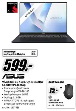 MediaMarkt Asus vivobook 16 x1607qa-mbnadw copilot+pc laptop aanbieding