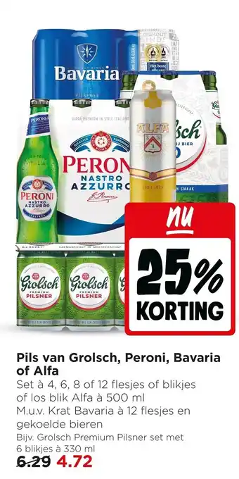 Pils van grolsch, peroni, bavaria of alfa