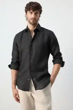 Wehkamp Mango Man slim casual overhemd met linnen zwart aanbieding