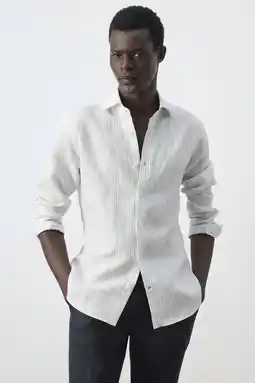 Wehkamp Mango Man slim fit overhemd met krijtstreep en linnen - ecru aanbieding