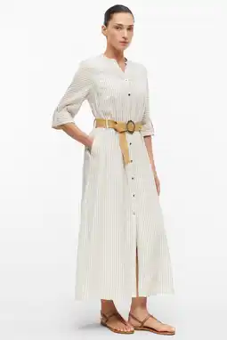 Wehkamp s.Oliver BLACK LABEL gestreepte midi blousejurk met driekwart mouwen en linnen - beige aanbieding