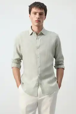 Wehkamp Mango Man regular casual overhemd met linnen groen aanbieding