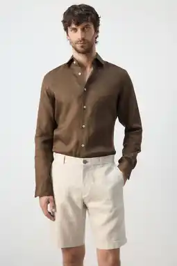 Wehkamp Mango Man slim casual overhemd met linnen bruin aanbieding