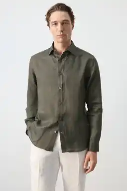 Wehkamp Mango Man regular casual overhemd met linnen donkergroen aanbieding