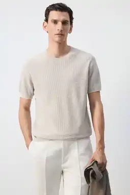 Wehkamp Mango Man regular fit gemêleerd gebreid T-shirt - pastelbruin aanbieding