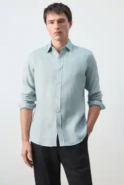 Wehkamp Mango Man regular casual overhemd met linnen lichtblauw aanbieding