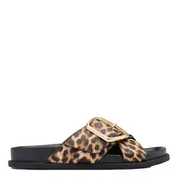 Wehkamp Graceland leren slippers met panterprint cognac/zwart aanbieding