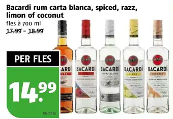 Poiesz Bacardi rum carta blanca, spiced, razz limon of coconut aanbieding