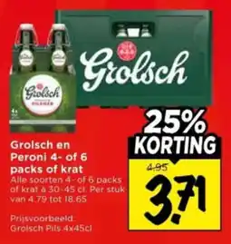 Vomar Voordeelmarkt Grolsch en Peroni 4- of 6 packs of krat aanbieding