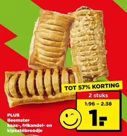 PLUS Plus beemster kaas-, frikandel- en kipsatébroodje aanbieding