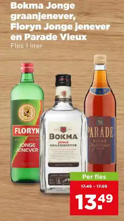 PLUS Bokma jonge graanjenever, floryn jonge jenever en parade vieux aanbieding