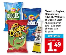 Hoogvliet Alle Cheetos, Bugles, Mama Mia's, Nibb-It, Wokkels of Danish Chef aanbieding