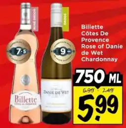 Vomar Voordeelmarkt Billette Côtes De Provence Rose of Danie de Wet Chardonnay aanbieding