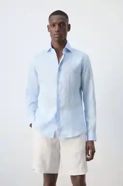 Wehkamp Mango Man linnen slim fit overhemd - lichtblauw aanbieding