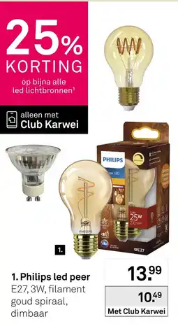 Karwei Philips led peer E27, 3W, filament goud spiraal, dimbaar aanbieding
