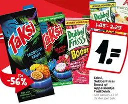 Jumbo Taksi, dubbelfrisss boost of appelsientje fruitdrink aanbieding