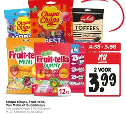Jumbo Alle chupa chups, fruit-tella, van melle of bubblicious aanbieding
