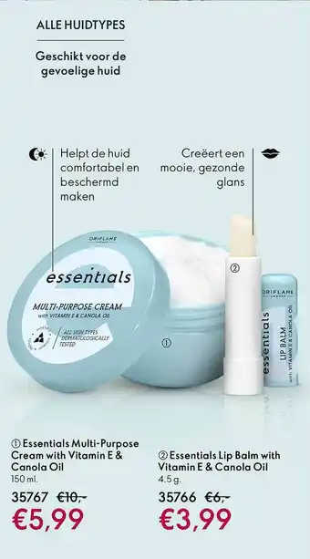 Oriflame Essentials Multi-Purpose Cream With Vitamin E & Canola Oil Of Essentials Lip Balm With Vitamin E & Canola Oil aanbieding